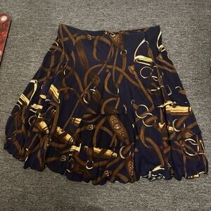 LAUREN Ralph Lauren Equestrian Visco Skirt Size L Black Brown Gold Horse Bridle